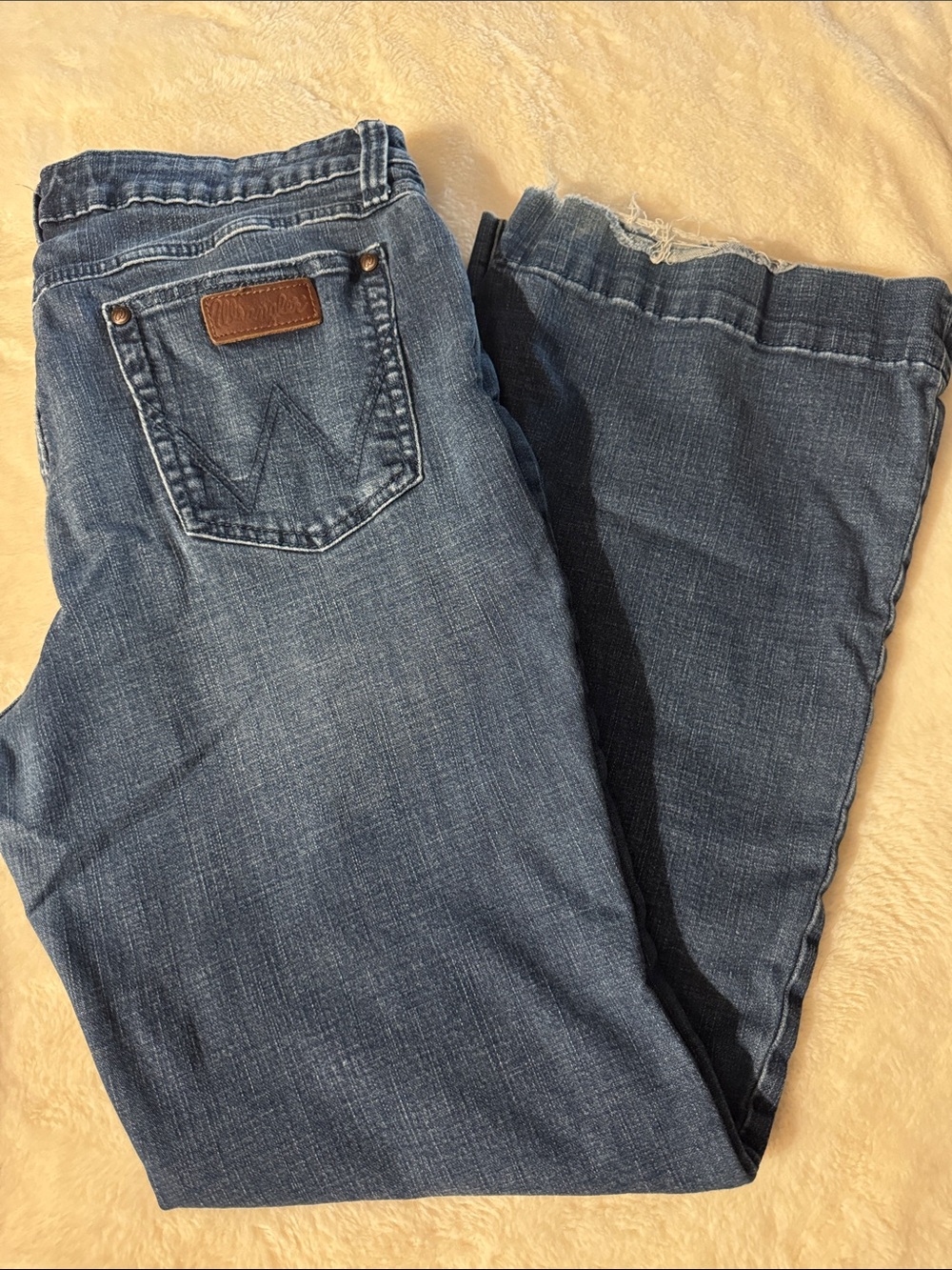 Wrangler Women’s Bootcut Jeans - Medium Blue Denim with Leather Patch